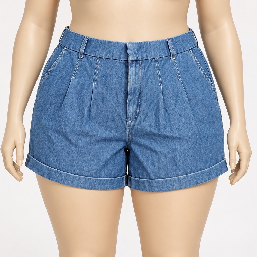 Torrid Womens Plus 20 Blue Cotton Linen Pleated Cuffed Denim Shorts High Rise